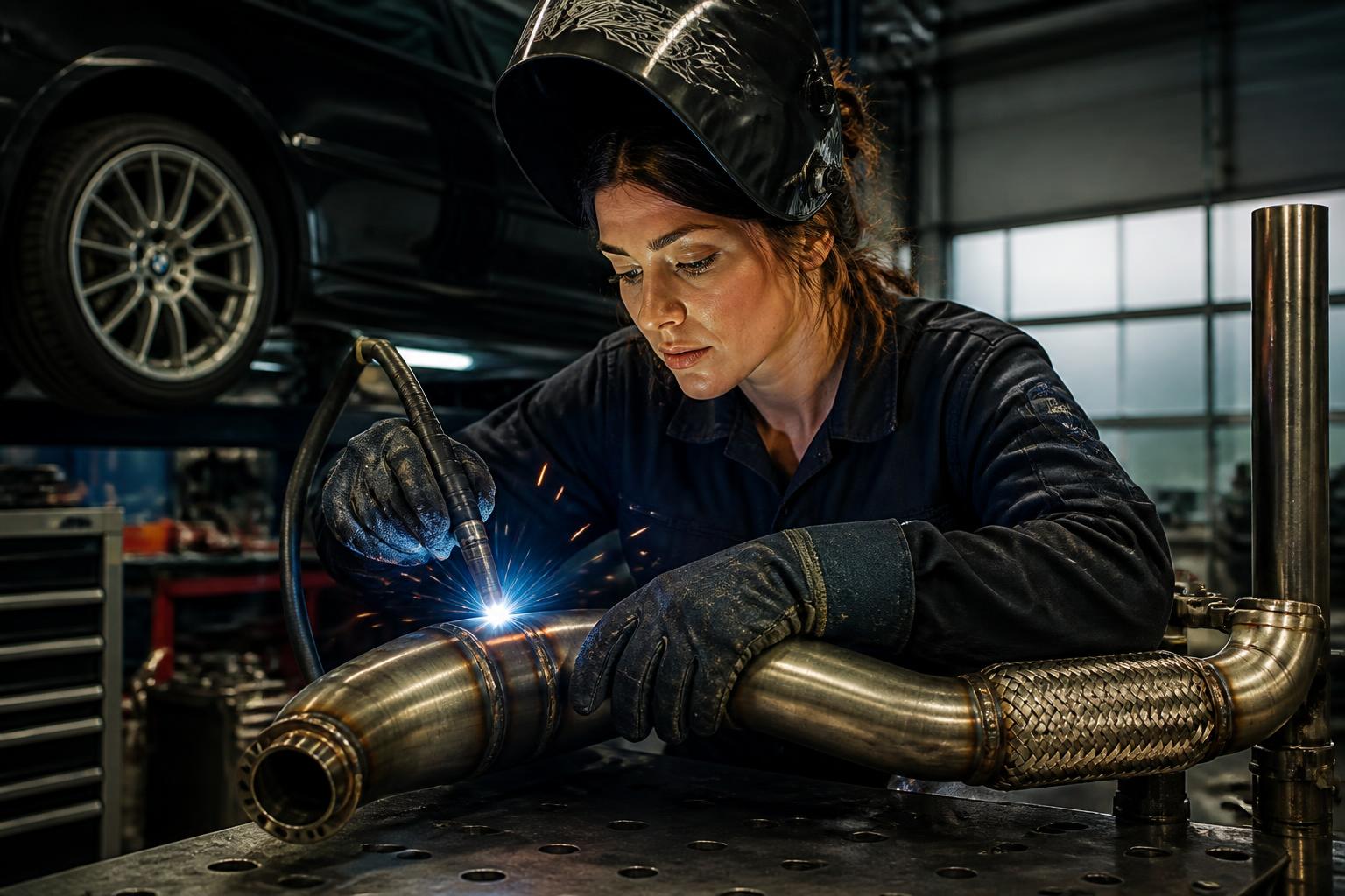 Skilled welder fabricating custom exhaust